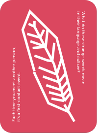 The back of a pink feather card for the Yes & No game. This pink card has two phrases on it that help guide play, and a large white stylized feather icon.